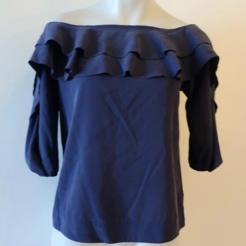 L’agence Navy Off-Shoulder Ruffle Blouse
